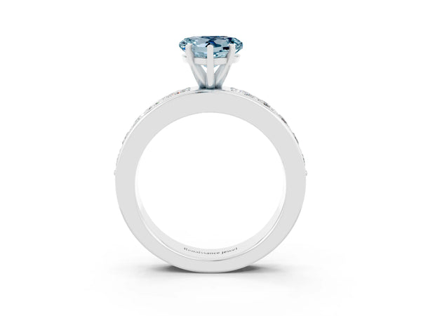Platinum Heart Cut Aquamarine Engagement Ring with Channel Set Round  Band and Prong Setting