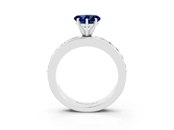 Silver Heart Cut Blue Sapphire Engagement Ring with Channel Set Round  Band and Prong Setting