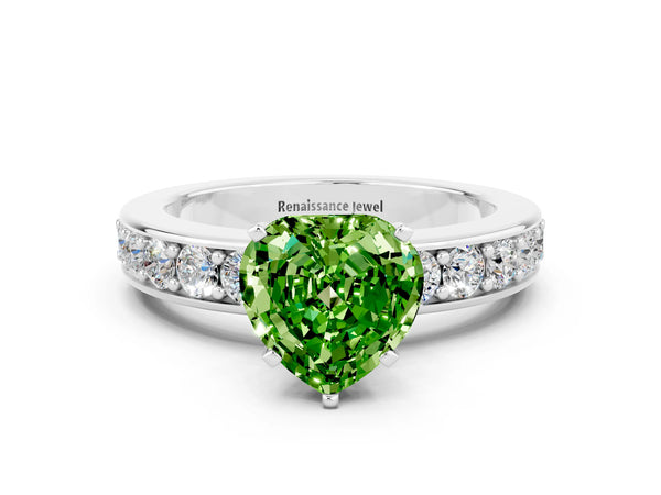 Platinum Heart Cut Peridot Engagement Ring with Channel Set Round  Band and Prong Setting