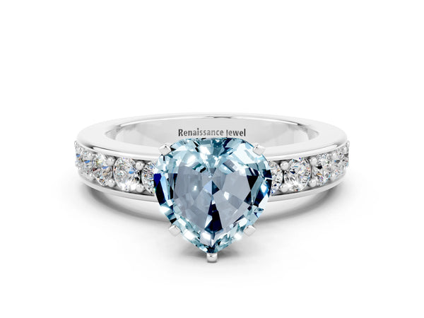 Silver Heart Cut Aquamarine Engagement Ring with Channel Set Round  Band and Prong Setting