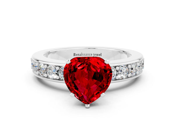 White gold Heart Cut Ruby Engagement Ring with Channel Set Round  Band and Prong Setting
