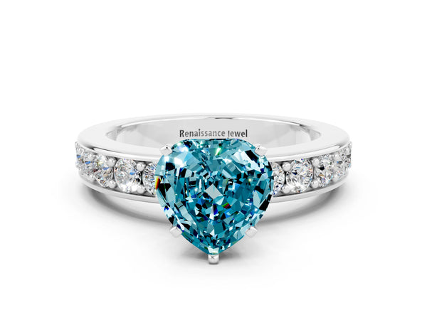 White gold Heart Cut Blue Topaz Engagement Ring with Channel Set Round  Band and Prong Setting