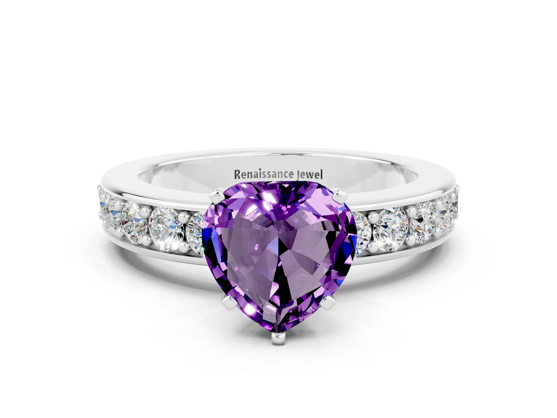 White gold Heart Cut Cut Channel Set Diamond Engagement Ring with Four-Prong Setting
