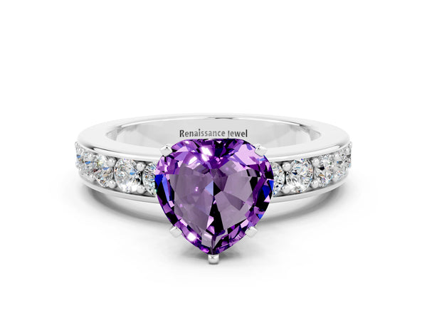 White gold Heart Cut Amethyst Engagement Ring with Channel Set Round  Band and Prong Setting