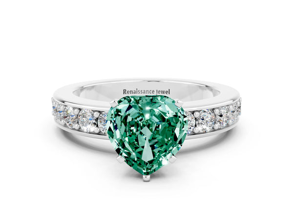 Platinum Heart Cut Green Sapphire Engagement Ring with Channel Set Round  Band and Prong Setting
