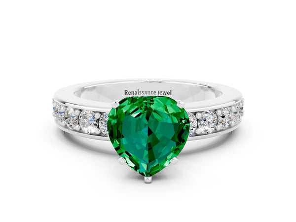 Platinum Heart Cut Emerald Engagement Ring with Channel Set Round  Band and Prong Setting