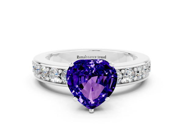 Silver Heart Cut Tanzanite Engagement Ring with Channel Set Round  Band and Prong Setting
