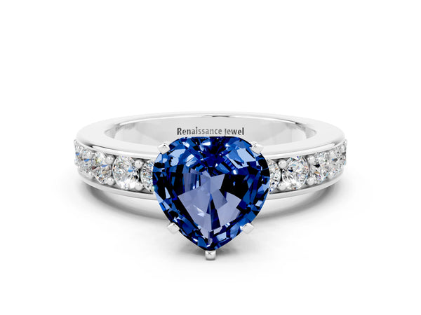 Silver Heart Cut Blue Sapphire Engagement Ring with Channel Set Round  Band and Prong Setting