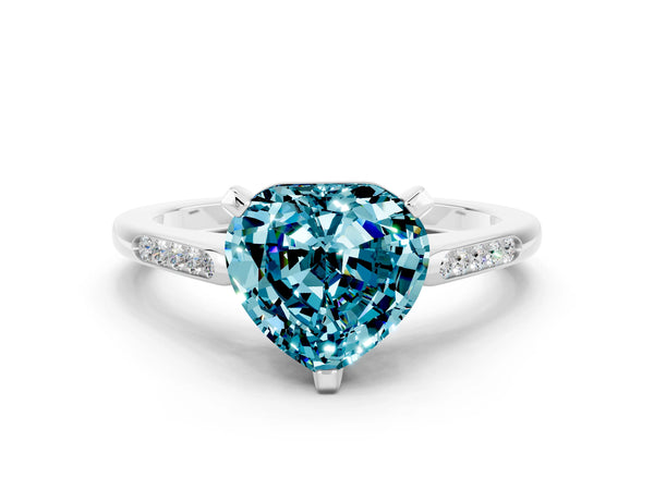 Silver Heart Cut Blue Topaz Solitaire Ring with Channel Set Round Band and Prong Setting