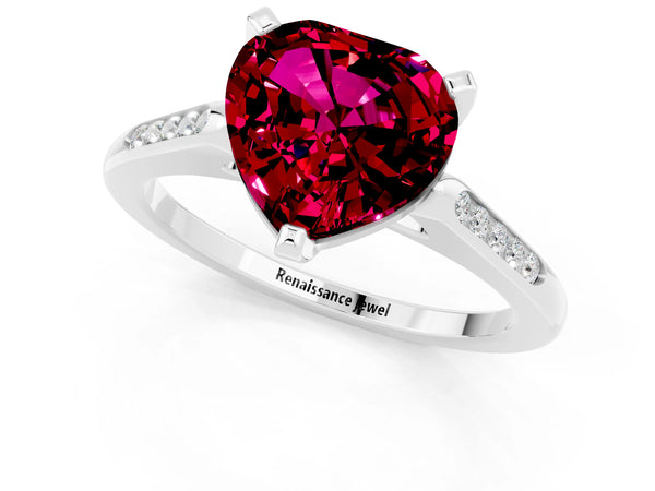White gold Heart Cut Garnet Solitaire Ring with Channel Set Round  Band and Prong Setting
