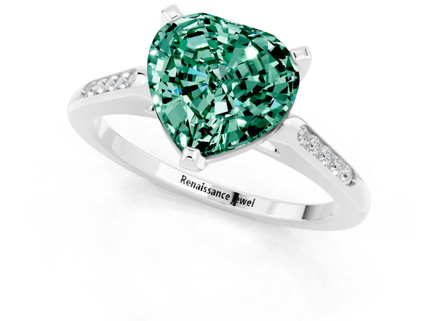 White gold Heart Cut Green Sapphire Solitaire Ring with Channel Set Round  Band and Prong Setting