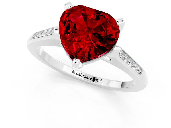 Silver Heart Cut Ruby Solitaire Ring with Channel Set Round Band and Prong Setting