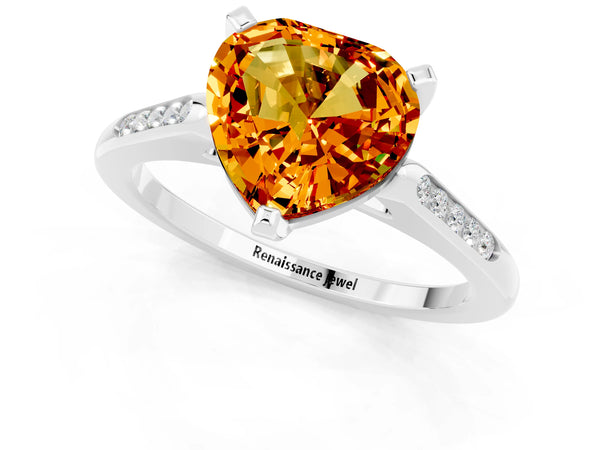 White gold Heart Cut Citrine Solitaire Ring with Channel Set Round  Band and Prong Setting