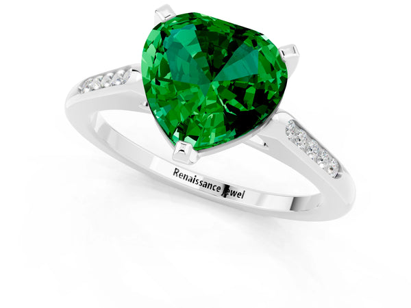 Platinum Heart Cut Emerald Solitaire Ring with Channel Set Round Band and Prong Setting