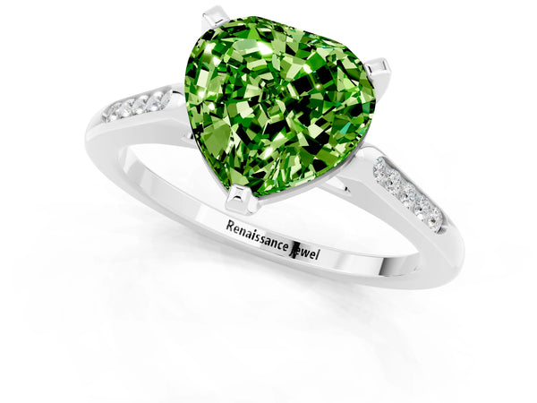 Platinum Heart Cut Peridot Solitaire Ring with Channel Set Round Band and Prong Setting