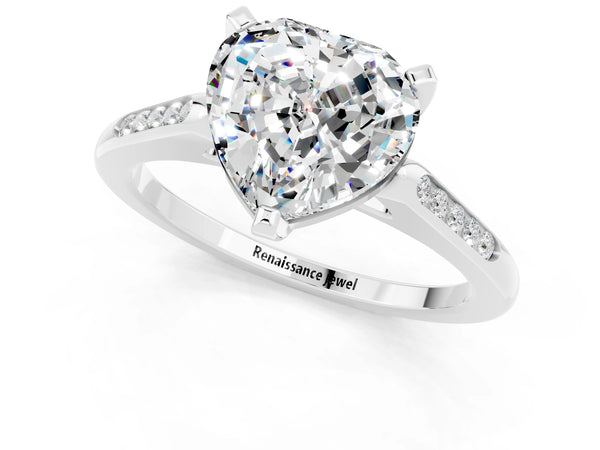 Platinum Heart Cut Moissanite Solitaire Ring with Channel Set Round Band and Prong Setting