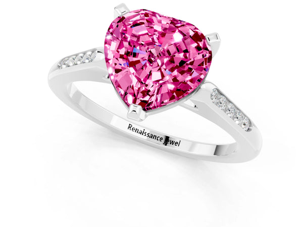 Silver Heart Cut Pink Sapphire Solitaire Ring with Channel Set Round Band and Prong Setting