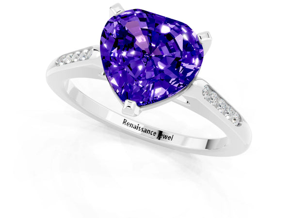 Platinum Heart Cut Tanzanite Solitaire Ring with Channel Set Round Band and Prong Setting