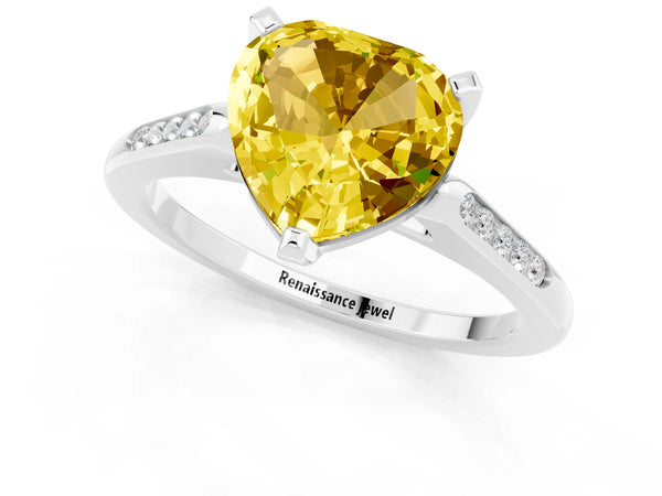 Platinum Heart Cut Yellow Sapphire Solitaire Ring with Channel Set Round Band and Prong Setting