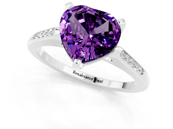 White gold Heart Cut Amethyst Solitaire Ring with Channel Set Round  Band and Prong Setting