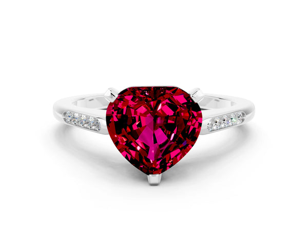 White gold Heart Cut Garnet Solitaire Ring with Channel Set Round  Band and Prong Setting