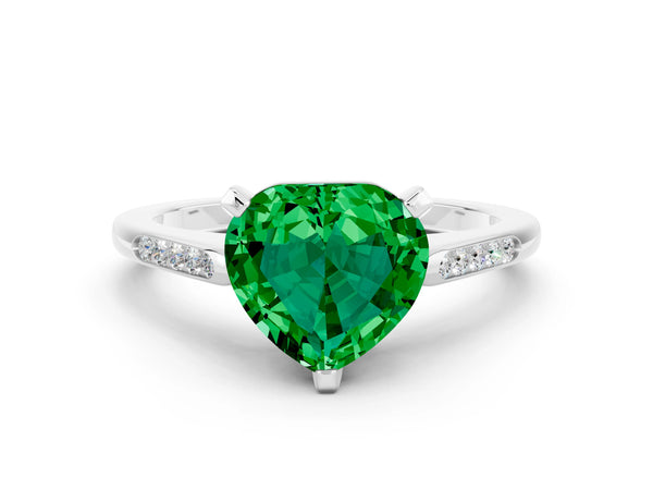 Platinum Heart Cut Emerald Solitaire Ring with Channel Set Round Band and Prong Setting