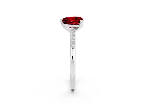 Silver Heart Cut Ruby Solitaire Ring with Channel Set Round Band and Prong Setting