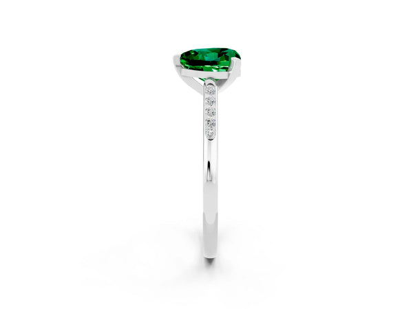 Silver Heart Cut Emerald Solitaire Ring with Channel Set Round Band and Prong Setting