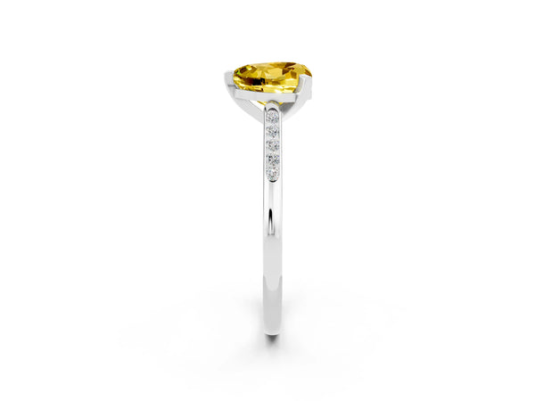 Silver Heart Cut Yellow Sapphire Solitaire Ring with Channel Set Round Band and Prong Setting