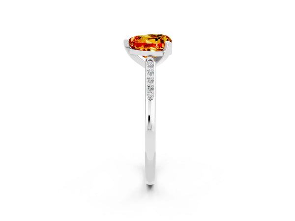 Platinum Heart Cut Citrine Solitaire Ring with Channel Set Round Band and Prong Setting