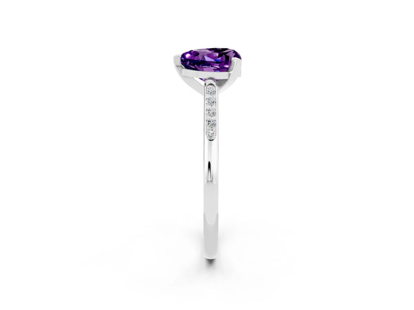Silver Heart Cut Amethyst Solitaire Ring with Channel Set Round Band and Prong Setting