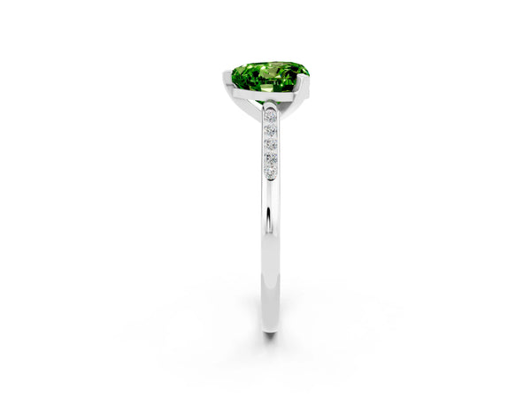 Platinum Heart Cut Peridot Solitaire Ring with Channel Set Round Band and Prong Setting