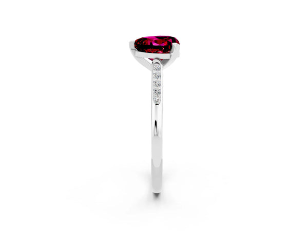 White gold Heart Cut Garnet Solitaire Ring with Channel Set Round  Band and Prong Setting