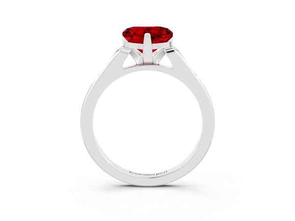 Platinum Heart Cut Ruby Solitaire Ring with Channel Set Round Band and Prong Setting