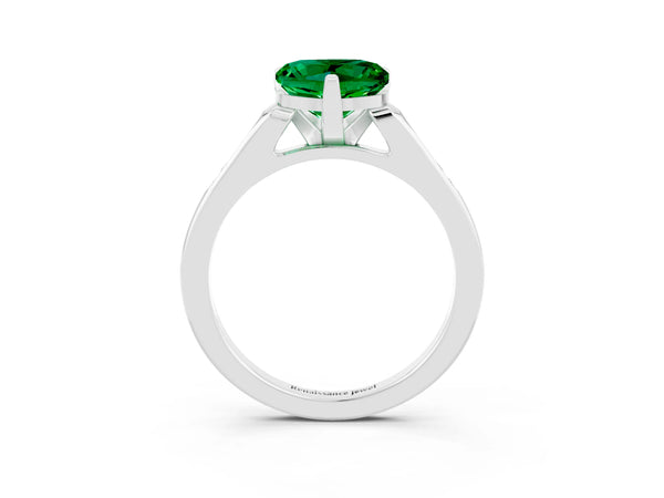 Silver Heart Cut Emerald Solitaire Ring with Channel Set Round Band and Prong Setting