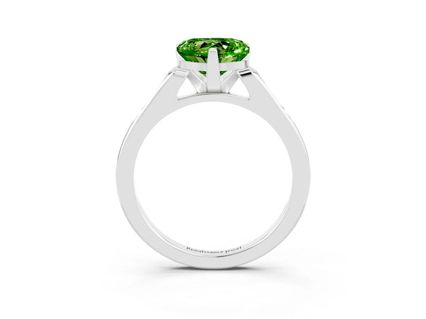 Silver Heart Cut Peridot Solitaire Ring with Channel Set Round Band and Prong Setting