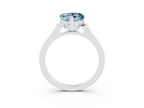 Platinum Heart Cut Aquamarine Solitaire Ring with Channel Set Round Band and Prong Setting