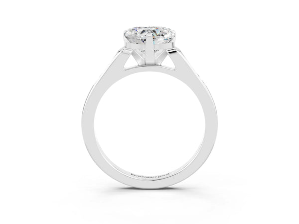 Platinum Heart Cut Moissanite Solitaire Ring with Channel Set Round Band and Prong Setting