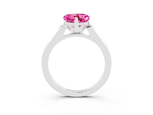Silver Heart Cut Pink Sapphire Solitaire Ring with Channel Set Round Band and Prong Setting
