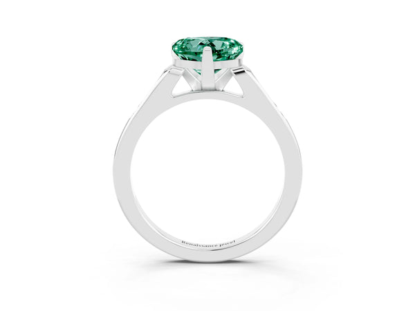 White gold Heart Cut Green Sapphire Solitaire Ring with Channel Set Round  Band and Prong Setting