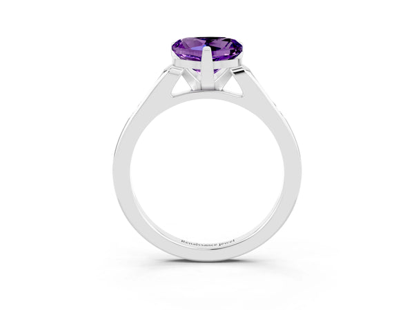 White gold Heart Cut Amethyst Solitaire Ring with Channel Set Round  Band and Prong Setting