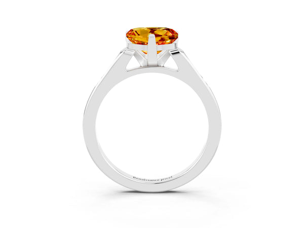 Platinum Heart Cut Citrine Solitaire Ring with Channel Set Round Band and Prong Setting