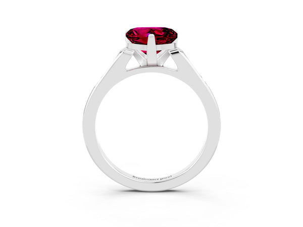 White gold Heart Cut Garnet Solitaire Ring with Channel Set Round  Band and Prong Setting