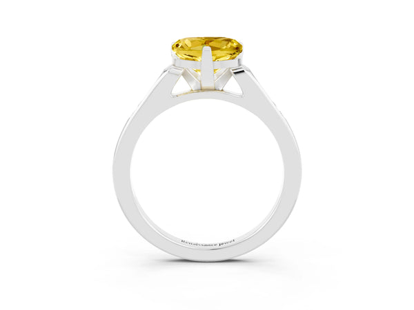 Platinum Heart Cut Yellow Sapphire Solitaire Ring with Channel Set Round Band and Prong Setting