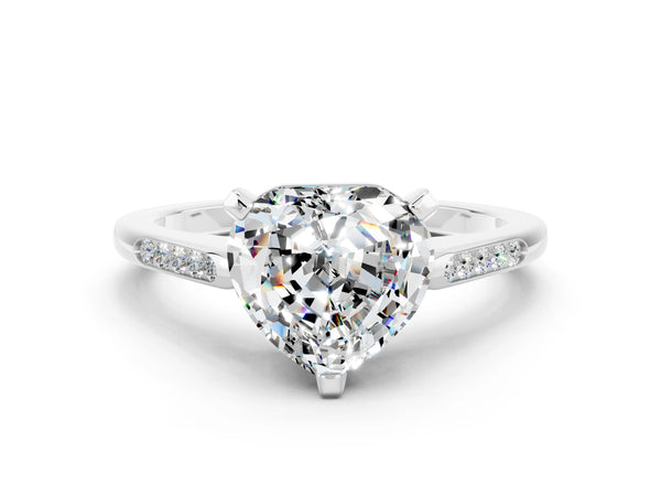 Platinum Heart Cut Moissanite Solitaire Ring with Channel Set Round Band and Prong Setting