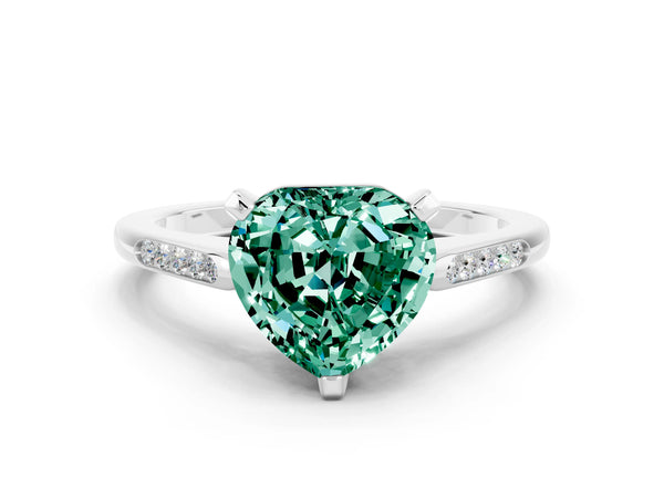 Platinum Heart Cut Green Sapphire Solitaire Ring with Channel Set Round Band and Prong Setting