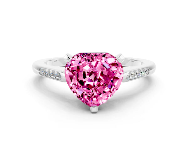 White gold Heart Cut Pink Sapphire Solitaire Ring with Channel Set Round  Band and Prong Setting