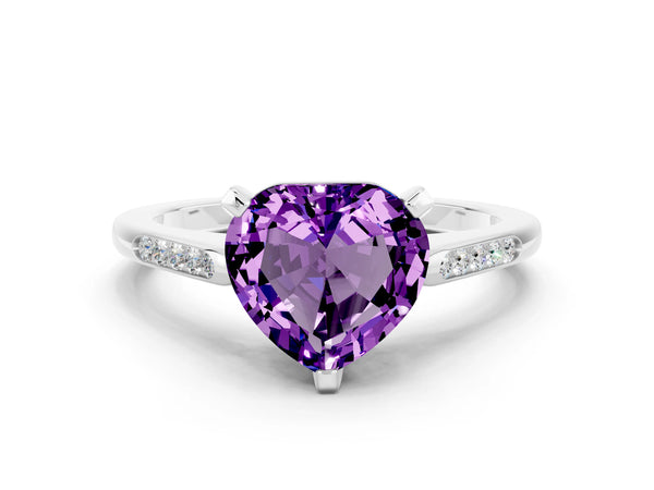 White gold Heart Cut Amethyst Solitaire Ring with Channel Set Round  Band and Prong Setting