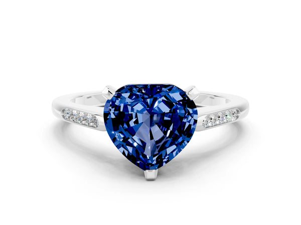 Silver Heart Cut Blue Sapphire Solitaire Ring with Channel Set Round Band and Prong Setting