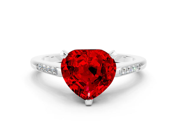 Platinum Heart Cut Ruby Solitaire Ring with Channel Set Round Band and Prong Setting